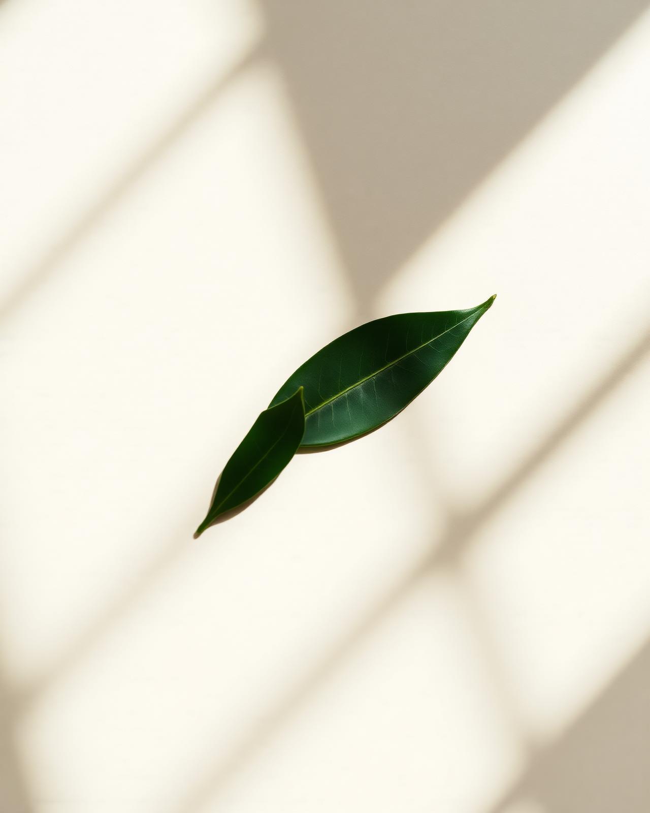 A single leaf in shafts of soft daylight